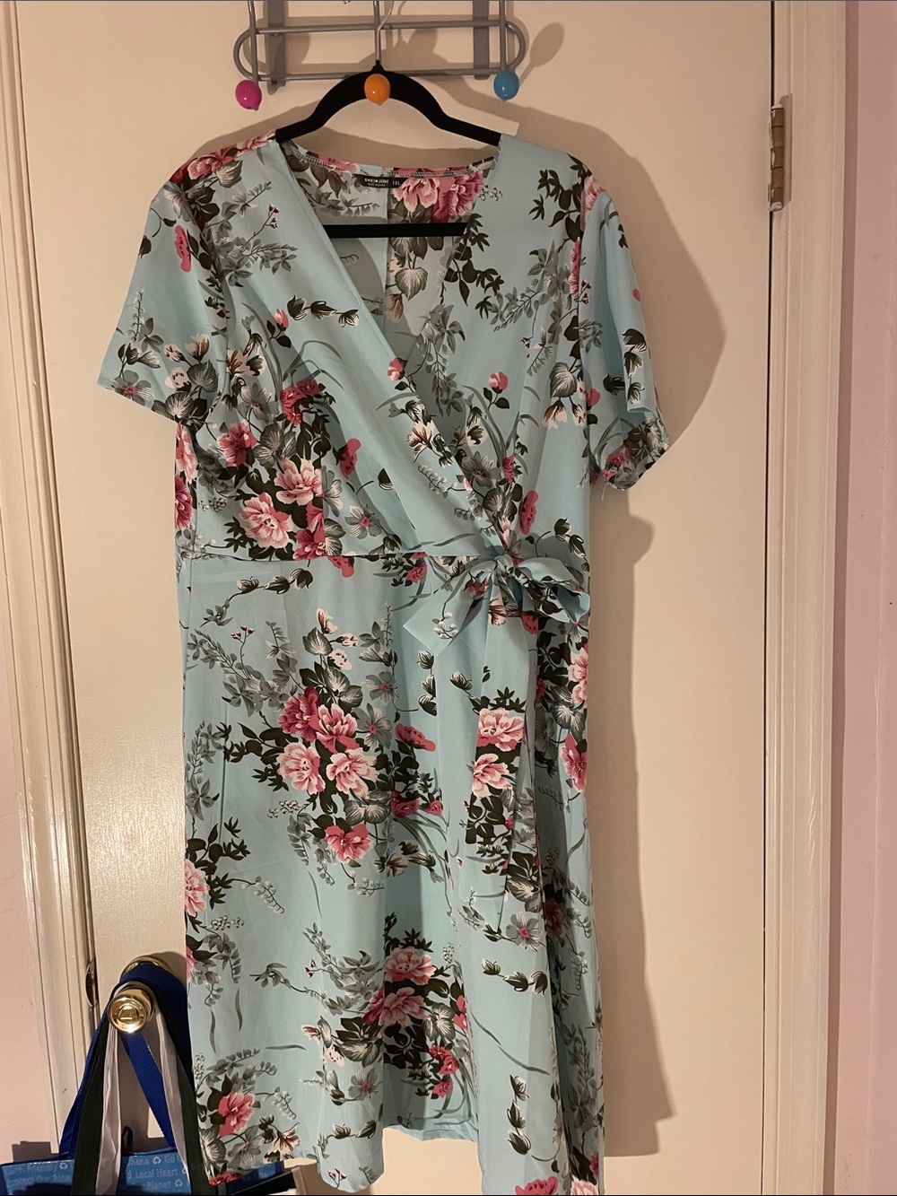 Aqua Blue Peony Floral Poly Midi Dress 1X